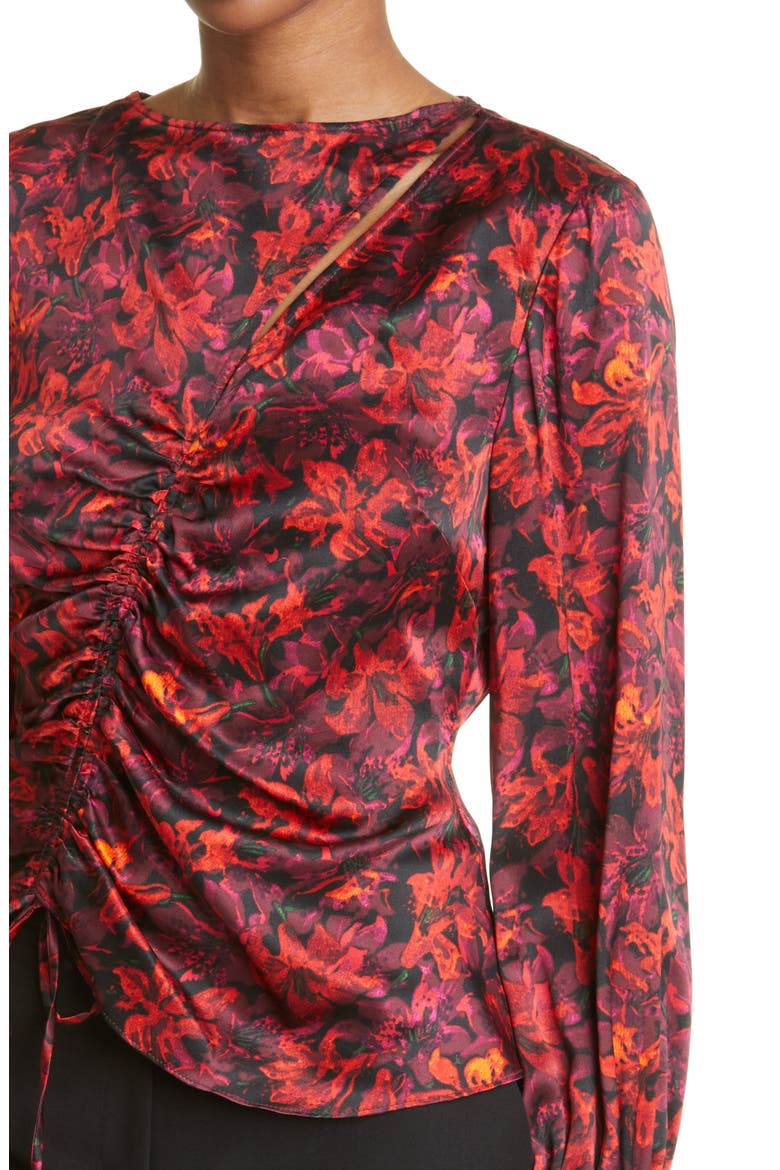 Ezrah Floral Print Ruched Cutout Silk Blouse, Alternate, color, CALLA LILY MULTI