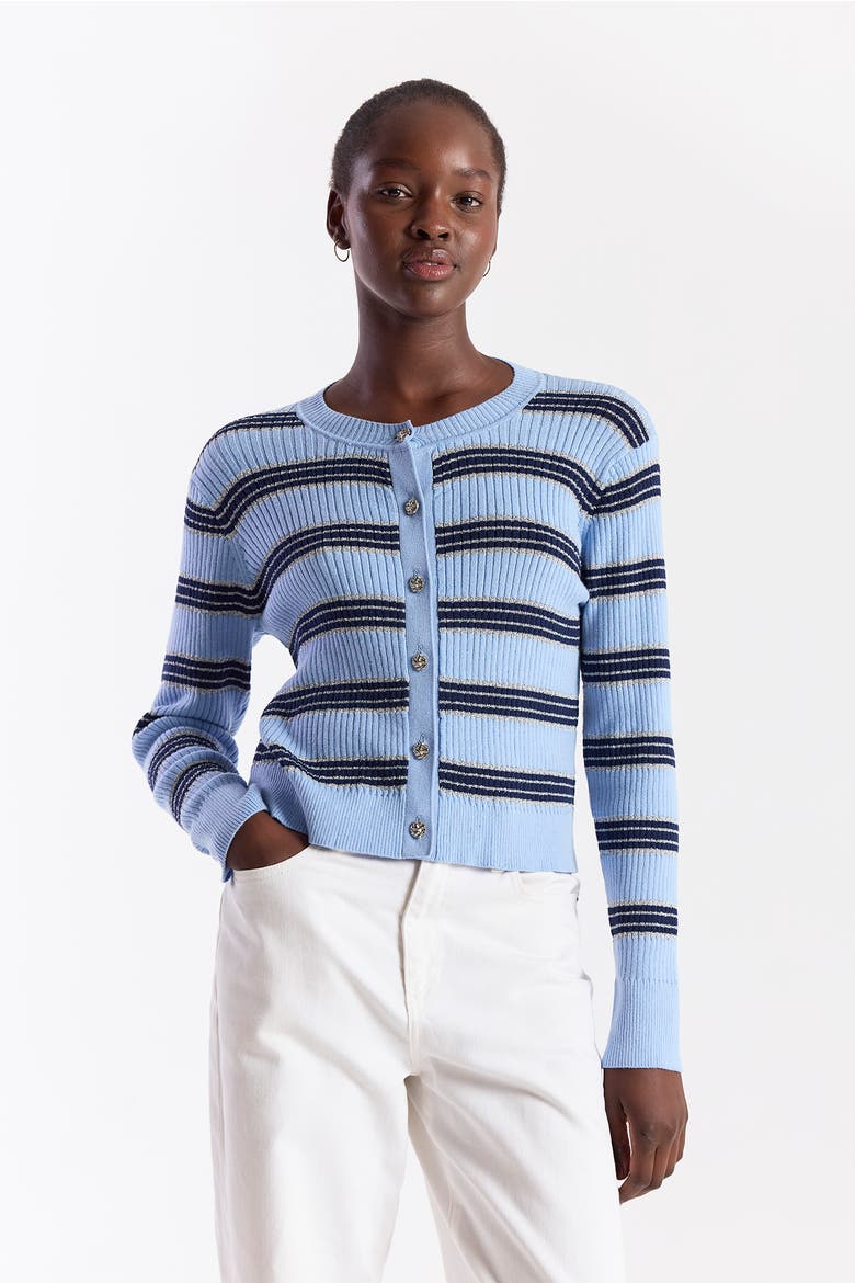 Stripe Rib Cardigan, Main, color, Skyline/Navy, Silver Lurex