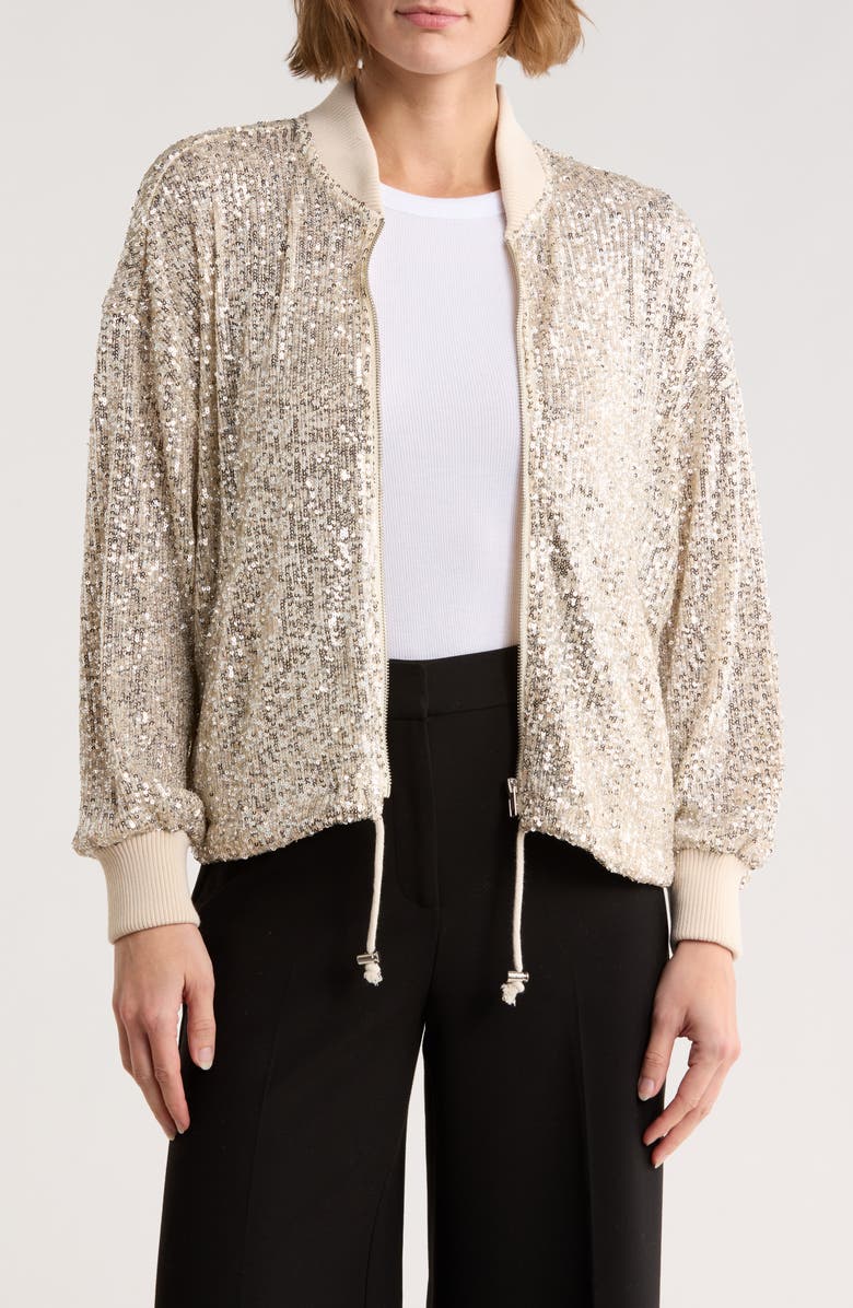 Love Token Cindy Sequin Bomber Jacket, Main, color, Silver