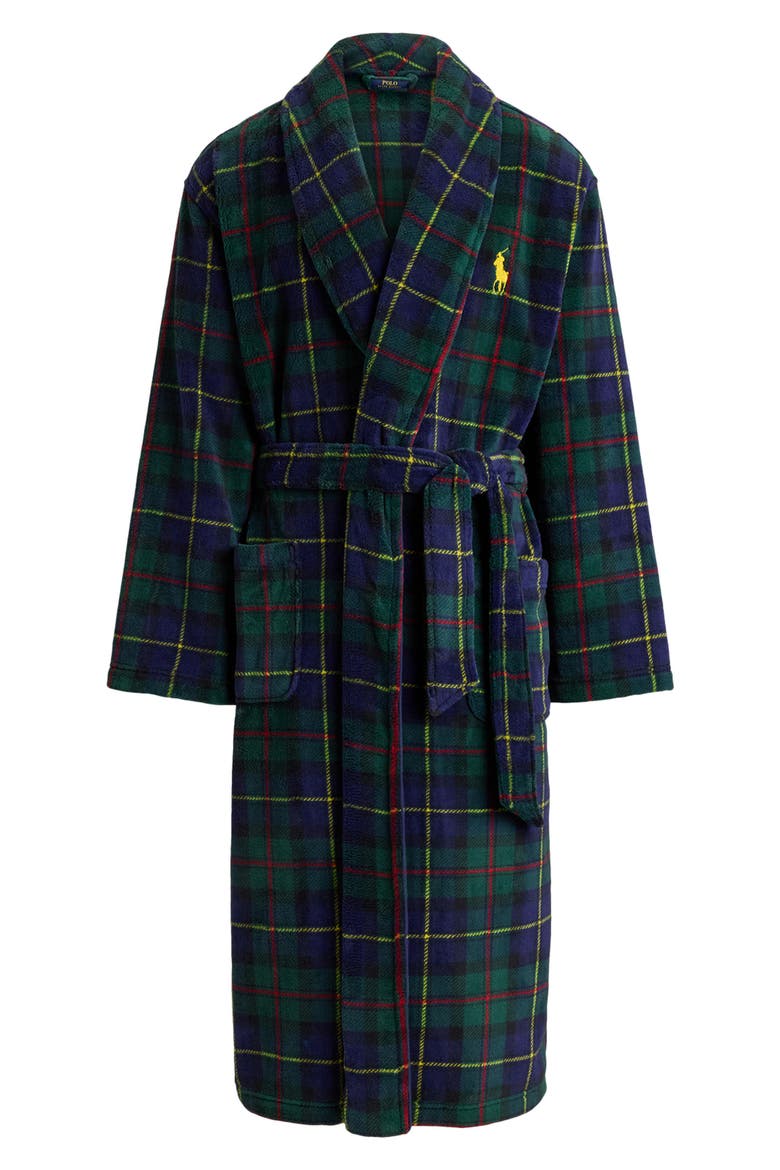 Microfiber Plush Shawl Collar Robe, Alternate, color, POLO TARTAN/ SLICKER YELLOW