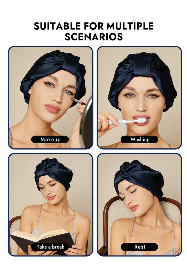 100% Mulberry Silk Sleep Bonnet, Alternate, color, DarkBlue