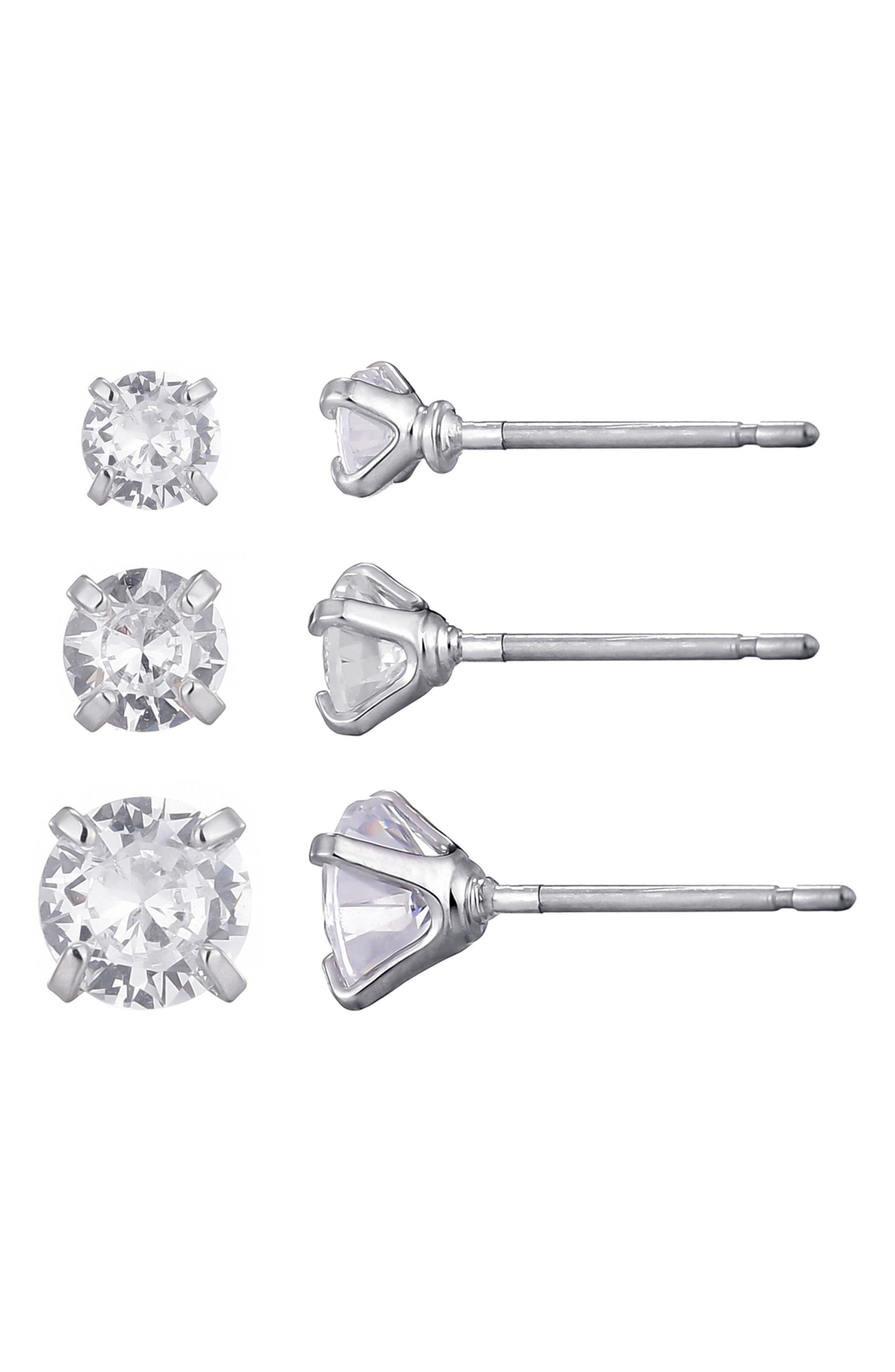 Set of 3 Solitaire Cubic Zirconia Stud Earrings