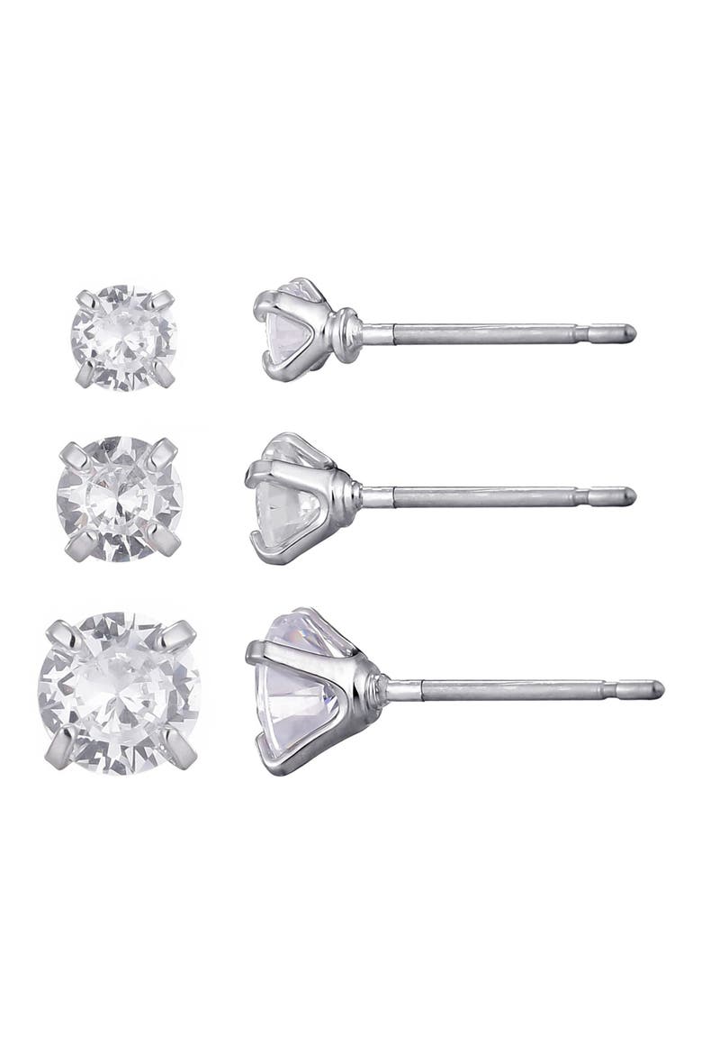 Set of 3 Solitaire Cubic Zirconia Stud Earrings, Main, color, SILVER