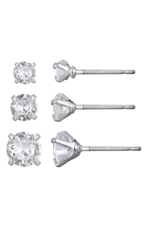 Set of 3 Solitaire Cubic Zirconia Stud Earrings