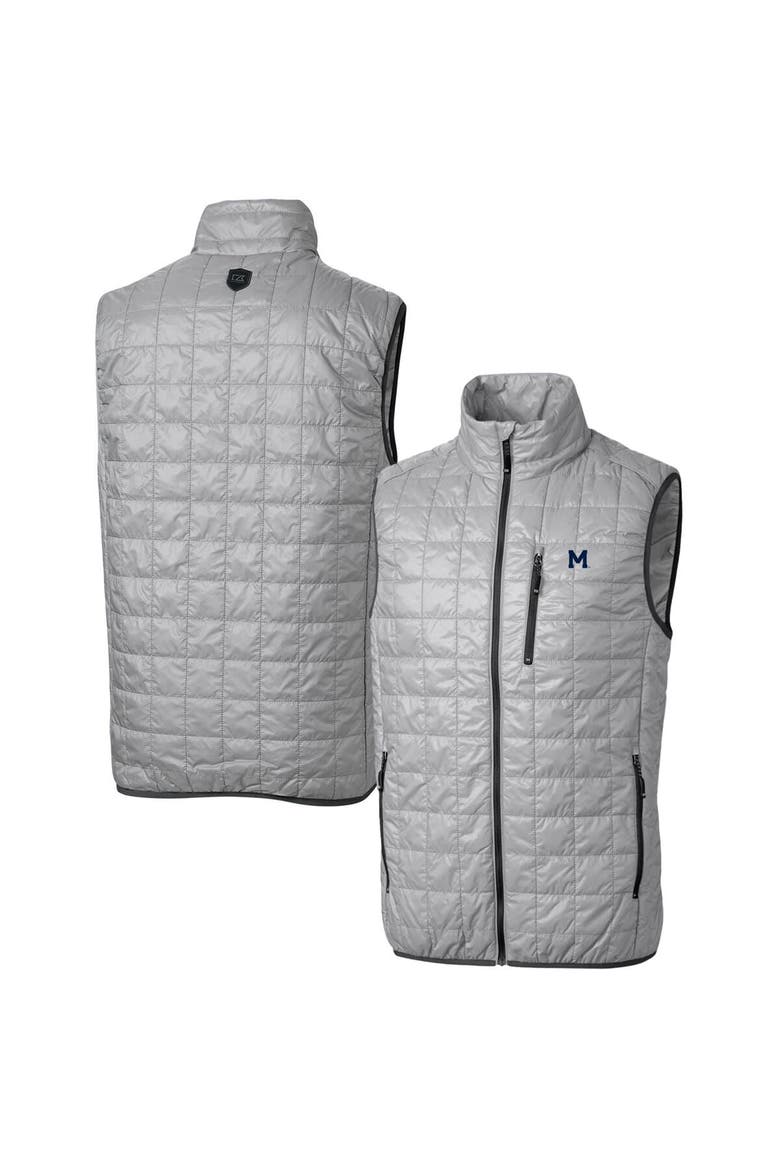 Men's Cutter & Buck Gray Michigan Wolverines Team Logo Big & Tall Rainier PrimaLoft Eco Insulated Full-Zip Puffer Vest, Main, color, Gray