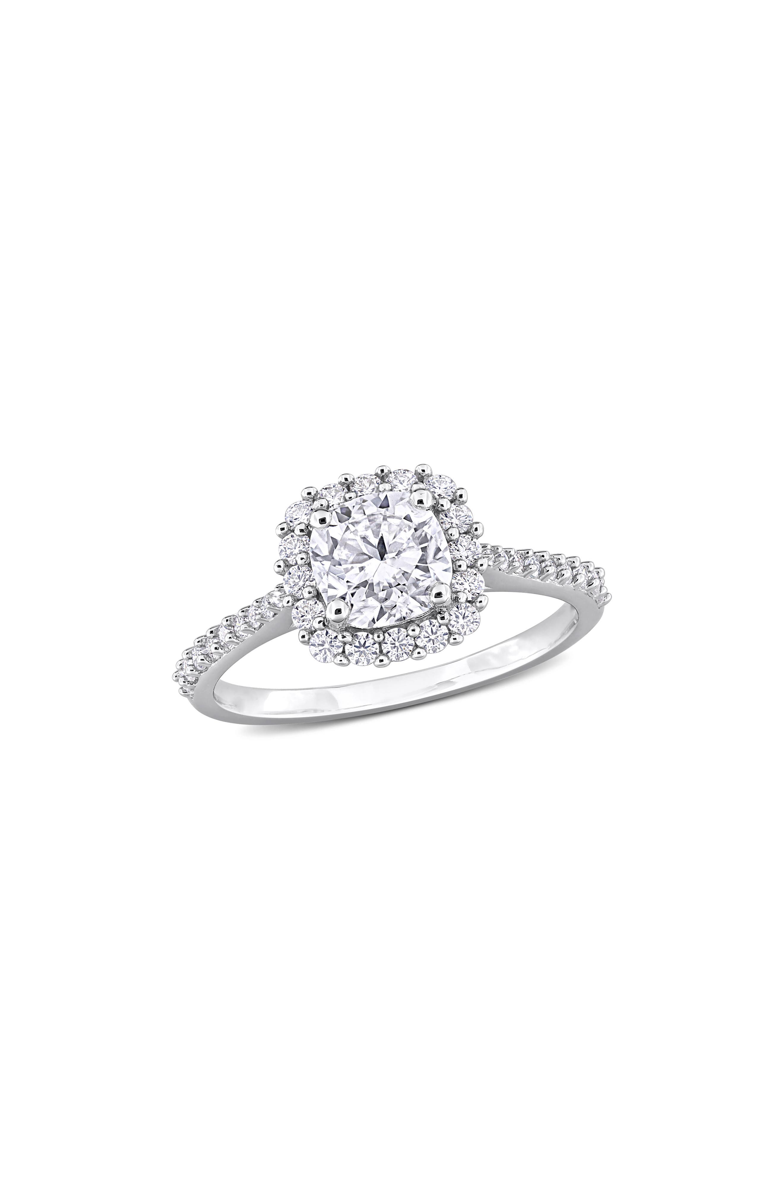 DELMAR Sterling Silver Cushion Cut Lab Created Moissanite Halo Ring