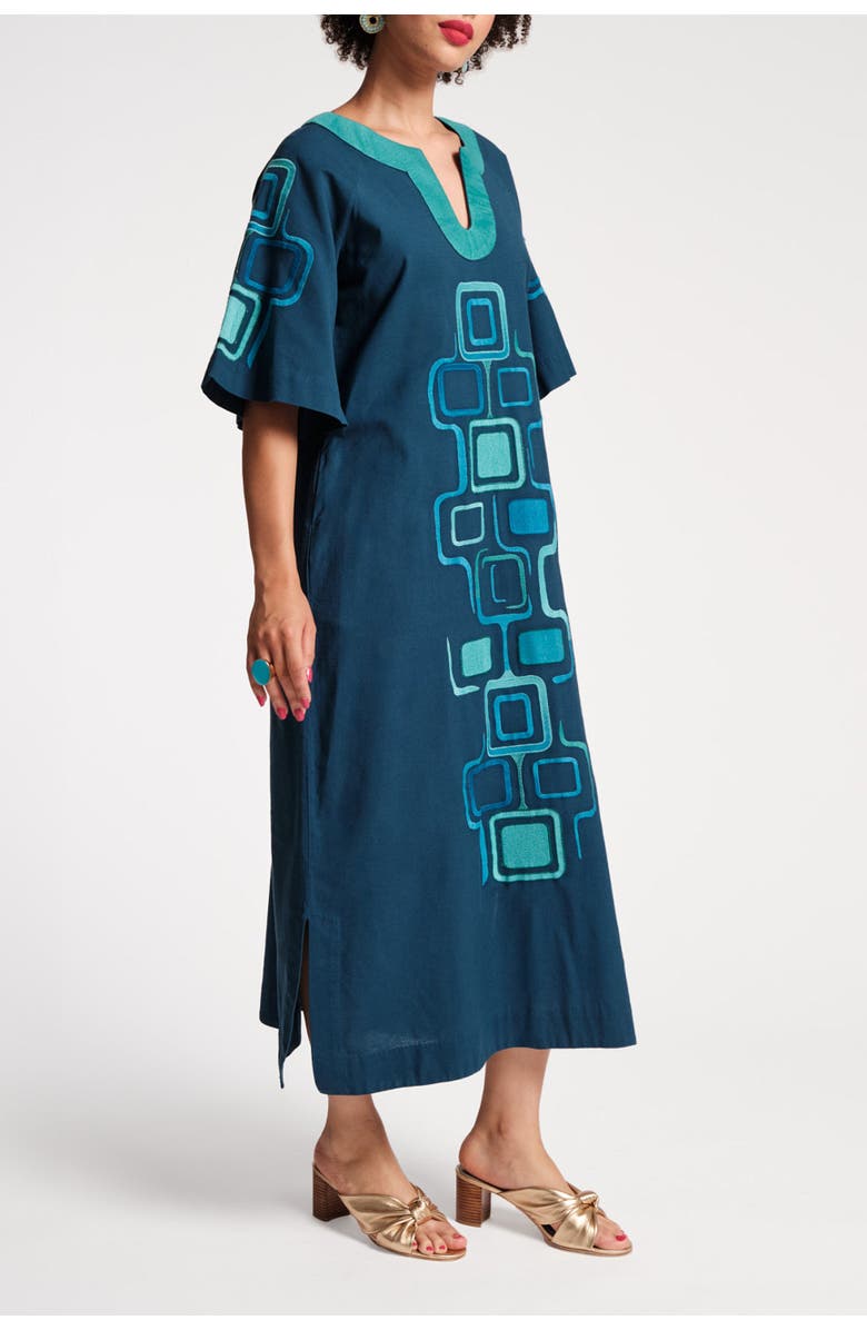Frances Valentine Charming Caftan Maxi Jetson Print Cotton Linen, Alternate, color, Blue/Multi