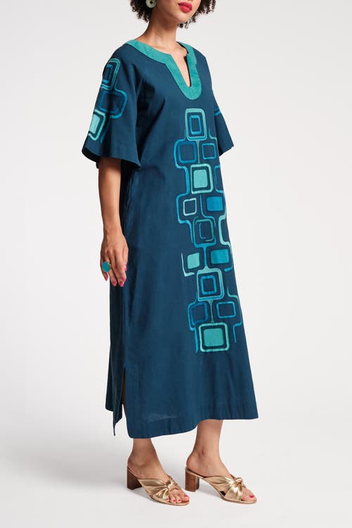 Shop Frances Valentine Charming Caftan Maxi Jetson Print Cotton Linen In Blue/multi