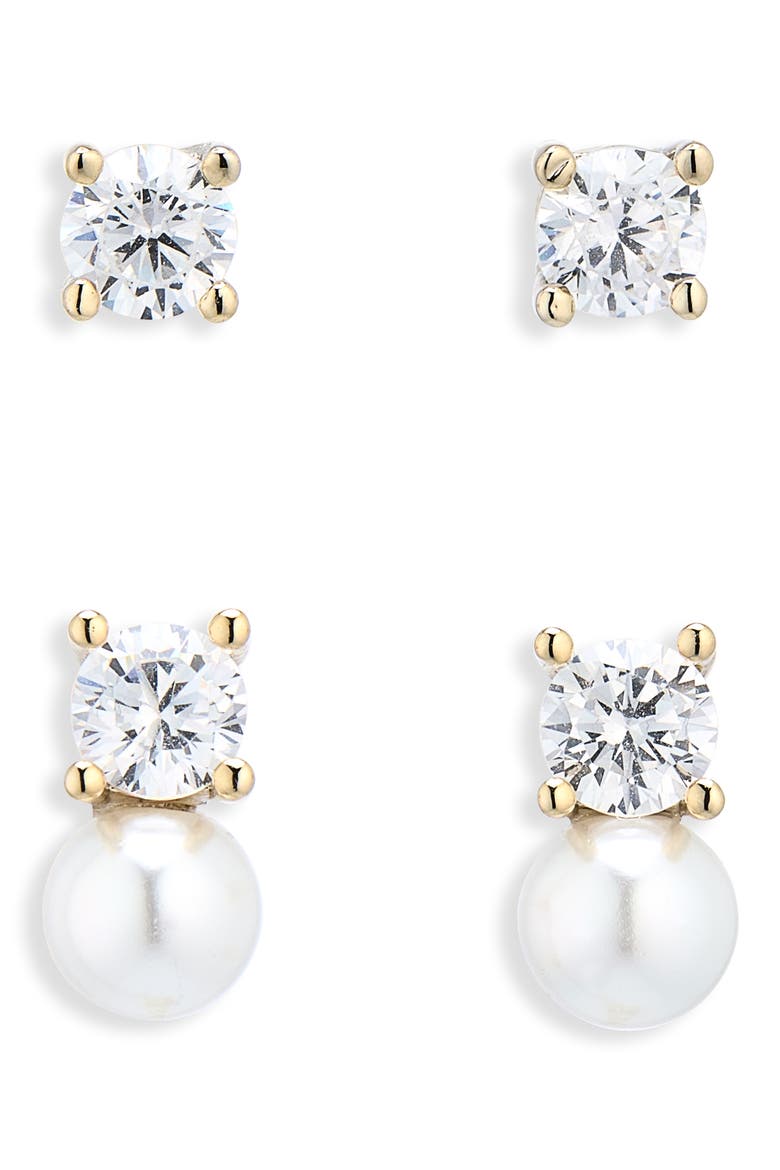 Cubic Zirconia & Faux Pearl Stud Earrings Set, Main, color, CLEAR- WHITE- GOLD