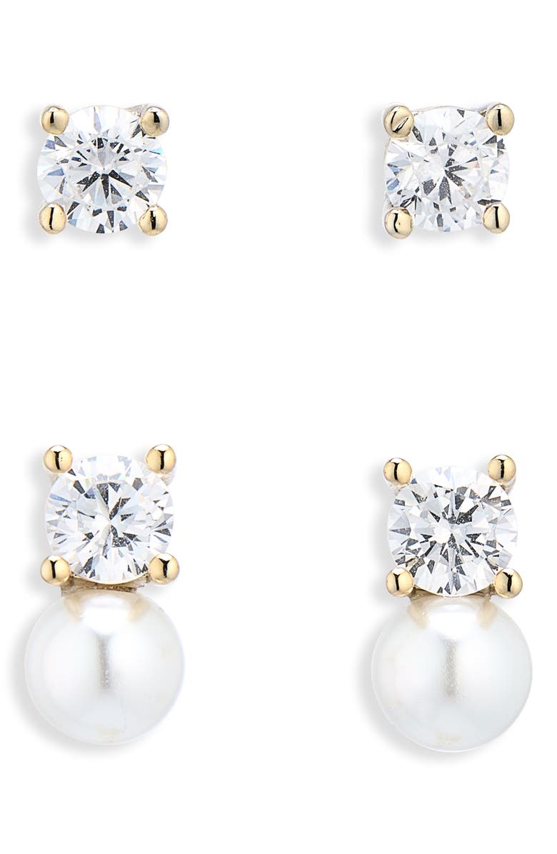 NORDSTROM RACK Cubic Zirconia & Faux Pearl Stud Earrings Set, Main, color, Clear- White- Gold