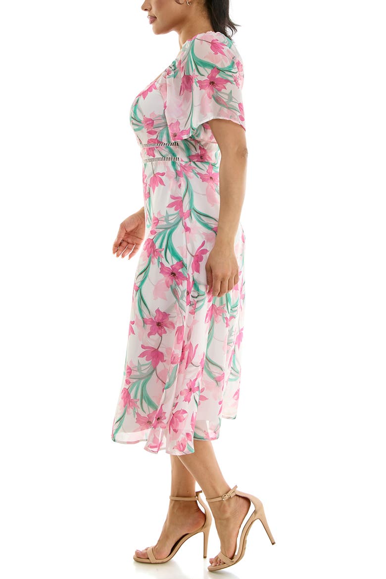 Flutter Sleeve Sweetheart Midi Dress, Alternate, color, PINK RIBBON MULTI