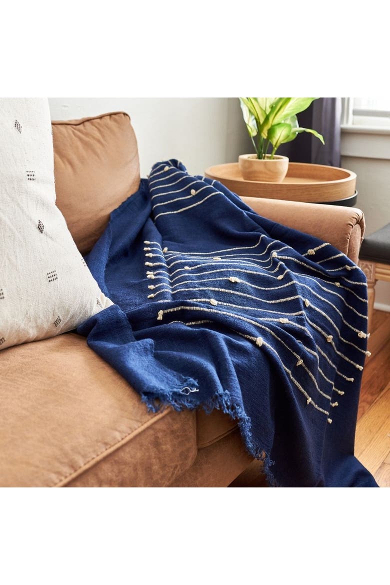 Rosewood Indigo With Hand Knotted Stripes Handloom Merino Throw, Alternate, color, Indigo/Blue
