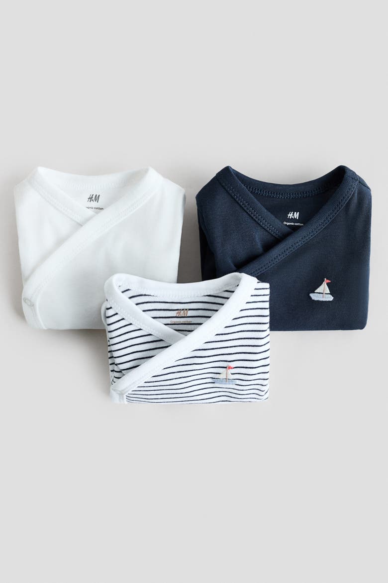 3-pack Wrapover Bodysuits, Alternate, color, Navy blue/sailboat