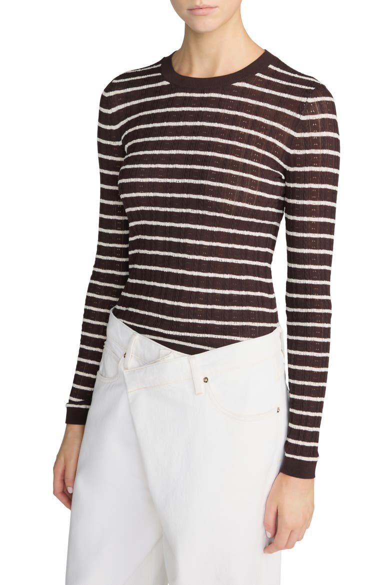Striped Pointelle Crewneck Sweater, Alternate, color, CHESTNUT MULTI STRIPE