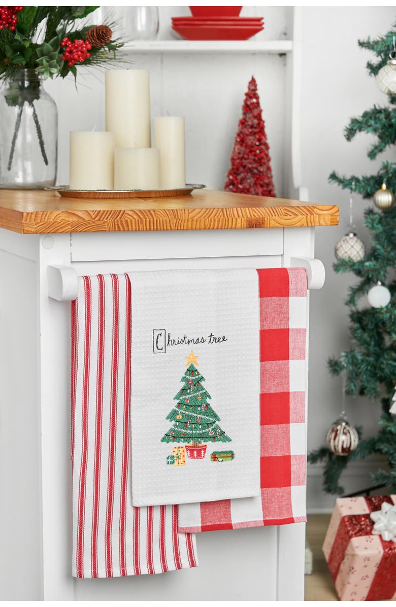C&F Home 27" x 18' Holiday Christmas Tree Cotton Embroidered & Waffle Weave Kitchen Dish Towel, Alternate, color, White