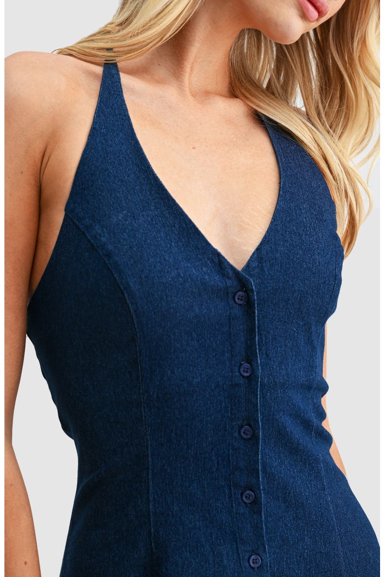 Denim Halter Minidress, Alternate, color, DARK DENIM
