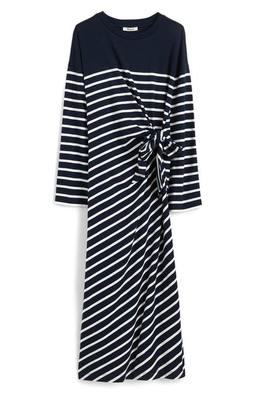 Madewell Stripe Side Tie Long Sleeve Knit Maxi Dress In Placed Stripe Dark Navy