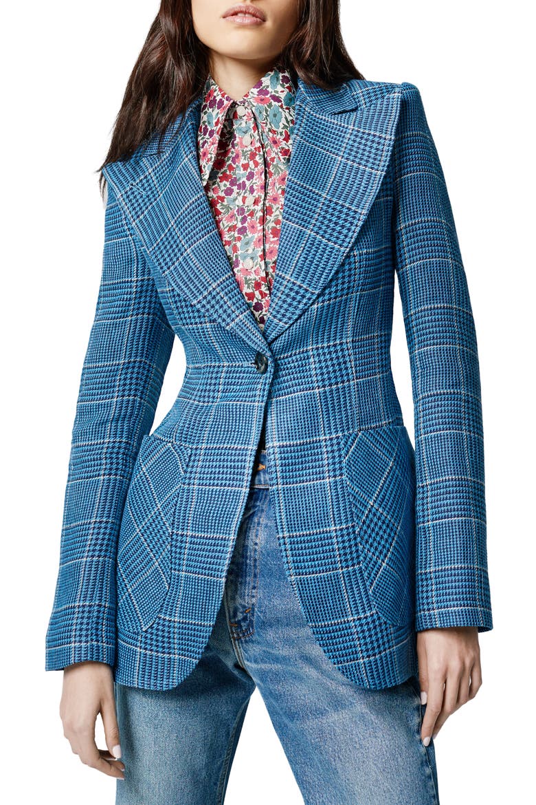 Plaid Fitted Linen Blazer, Main, color, INDIGO GLEN CHECK
