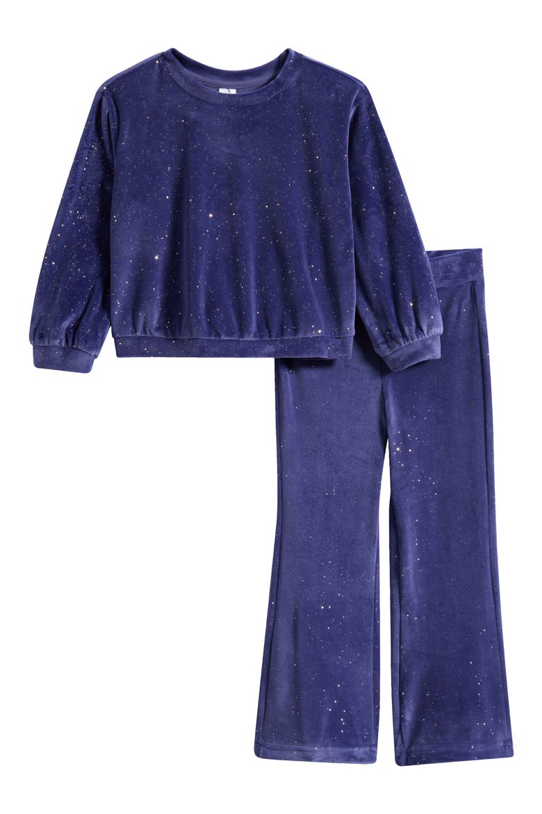 Kids' Speckled Velour Pullover & Flare Pants Set, Main, color, SKIPPER BLUE