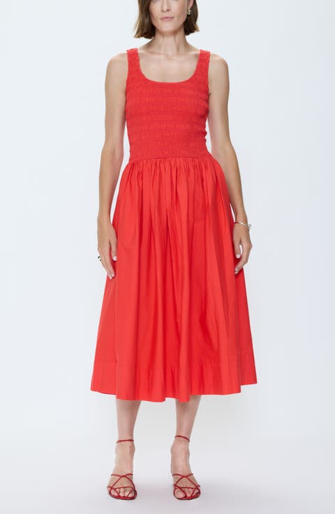 Alessia Smocked Drop-Waist Stretch Cotton Midi Dress