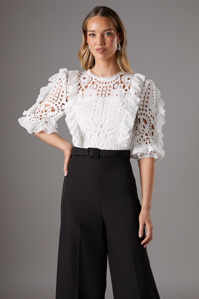 Lace Cut Out Belted Jumpsuit, Alternate, color, Mono