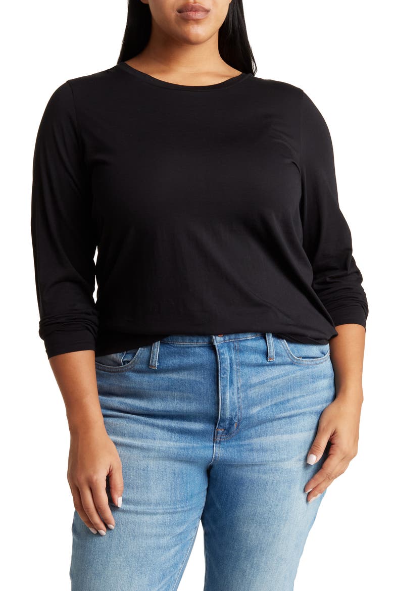 Crewneck Long Sleeve Pima Cotton T-Shirt, Main, color, BLACK
