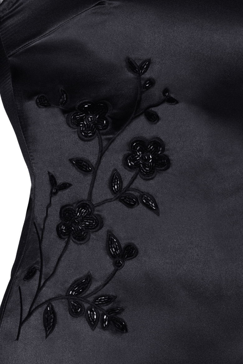 Fleur Luxe Hand Beaded Satin Embellished Mini Dress, Alternate, color, Black