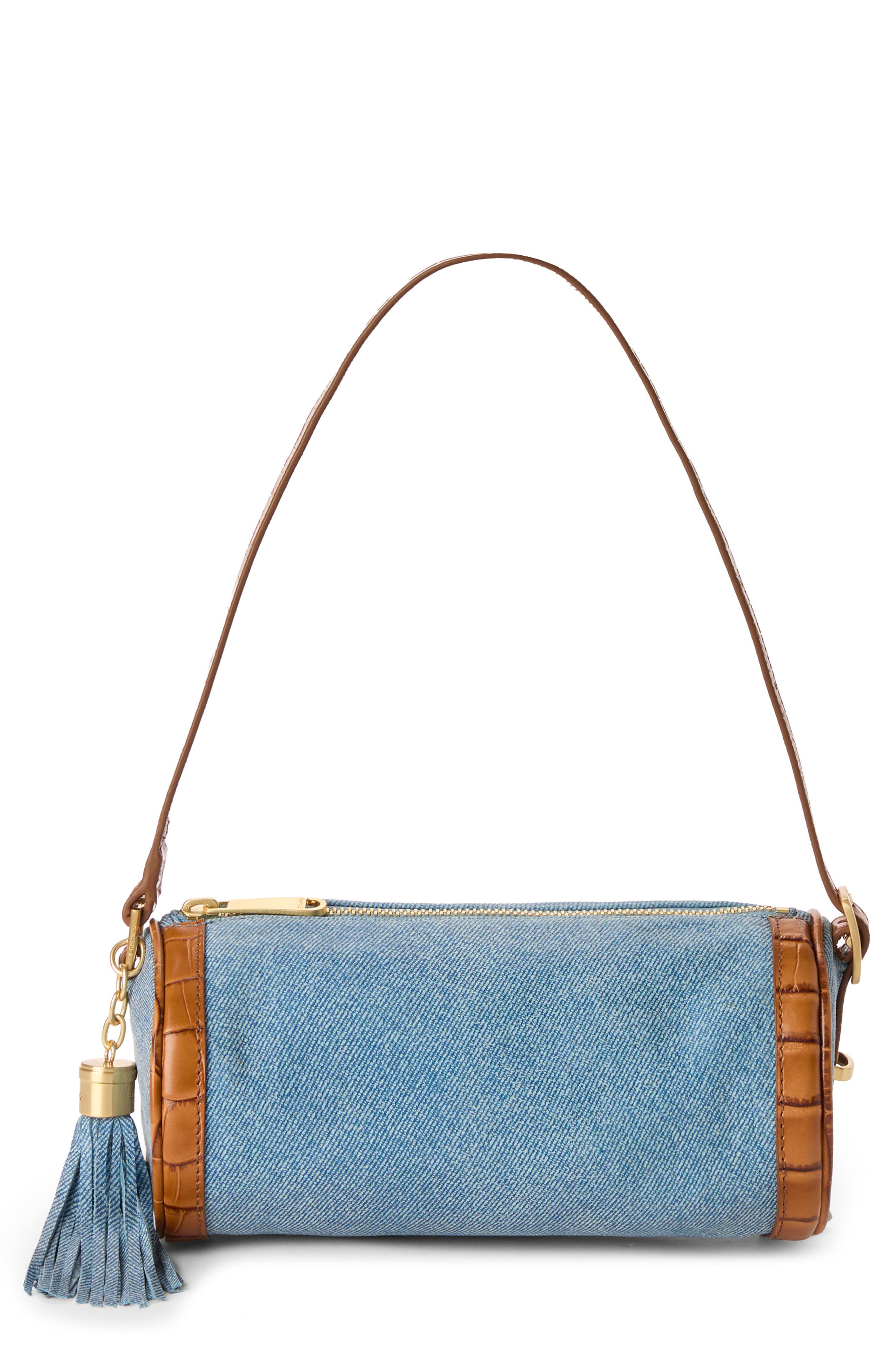 Brahmin Billie Denim & Croc Embossed Leather Barrel Bag, Main, color, 