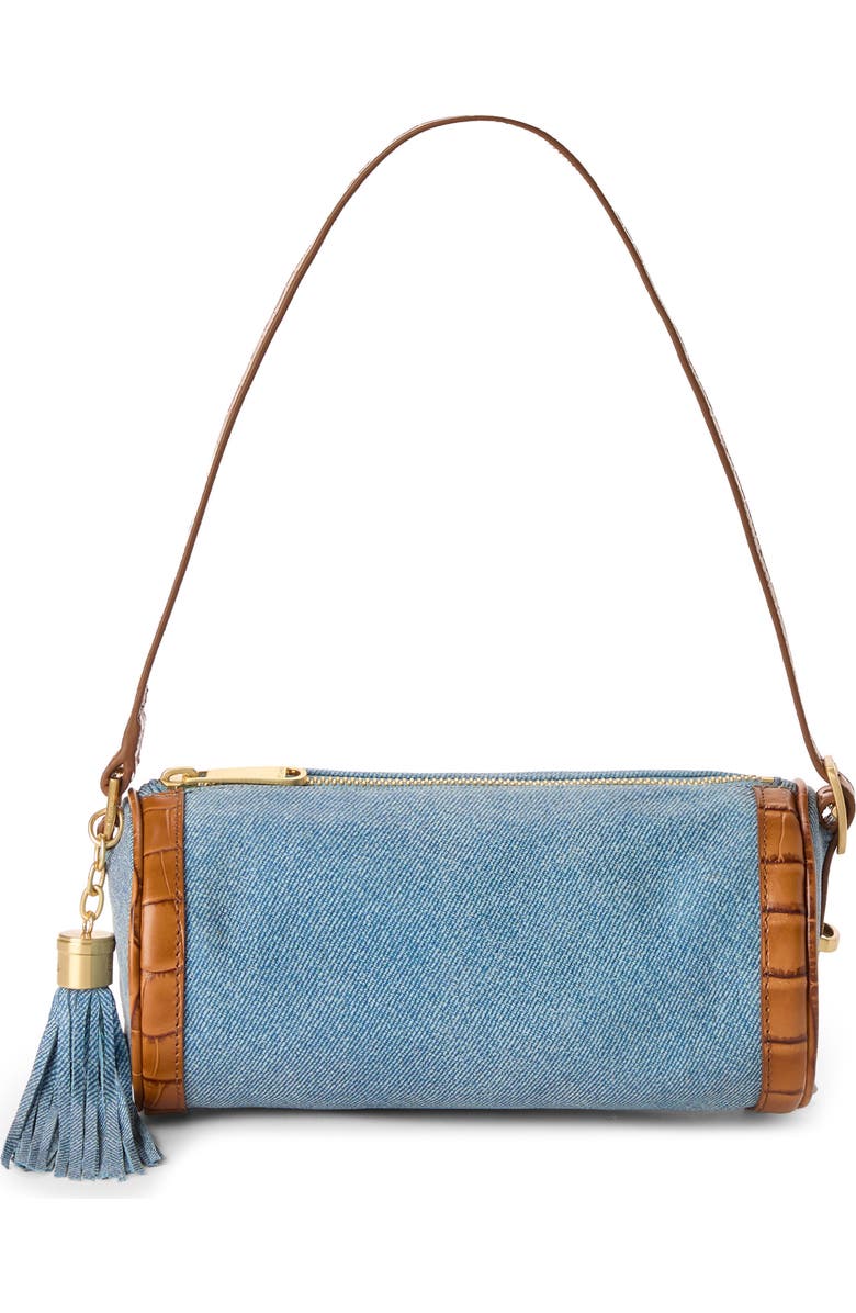 Brahmin Billie Denim & Croc Embossed Leather Barrel Bag, Main, color,