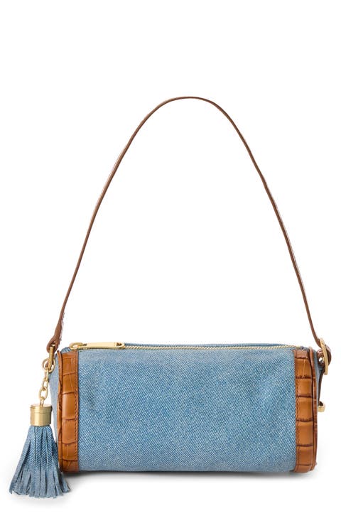 Billie Denim & Croc Embossed Leather Barrel Bag