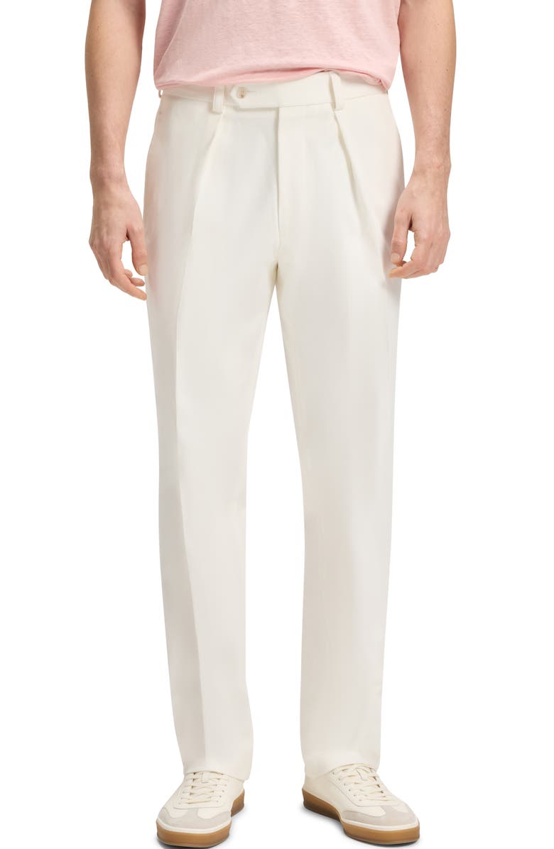 BOSS Pleated Cotton Stretch Twill Dress Pants, Main, color, White