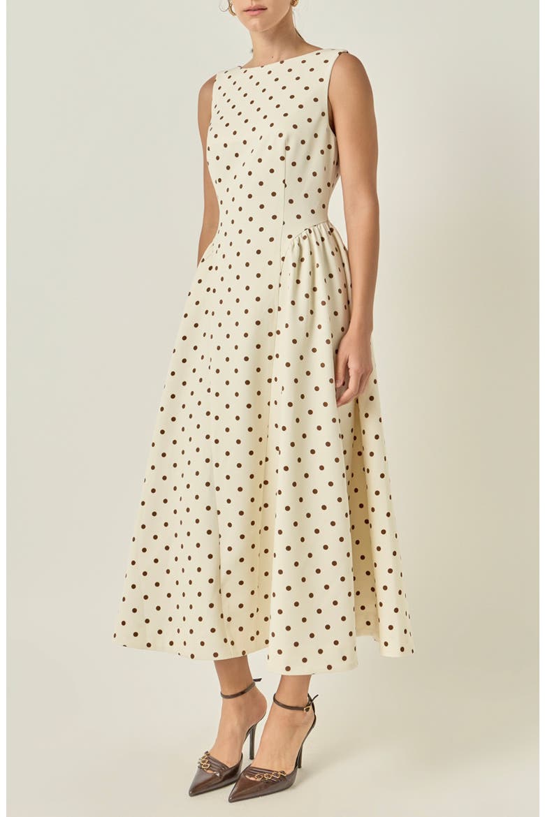 Dot Sleeveless Flare Midi Dress, Alternate, color, BEIGE/BROWN