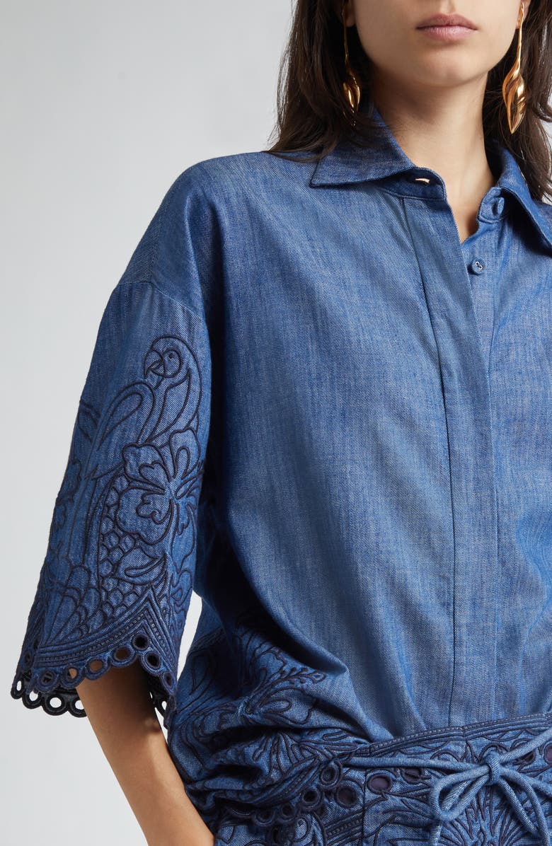 Zimmermann Coco Embroidered Chambray Shirt, Alternate, color, Railway Blue