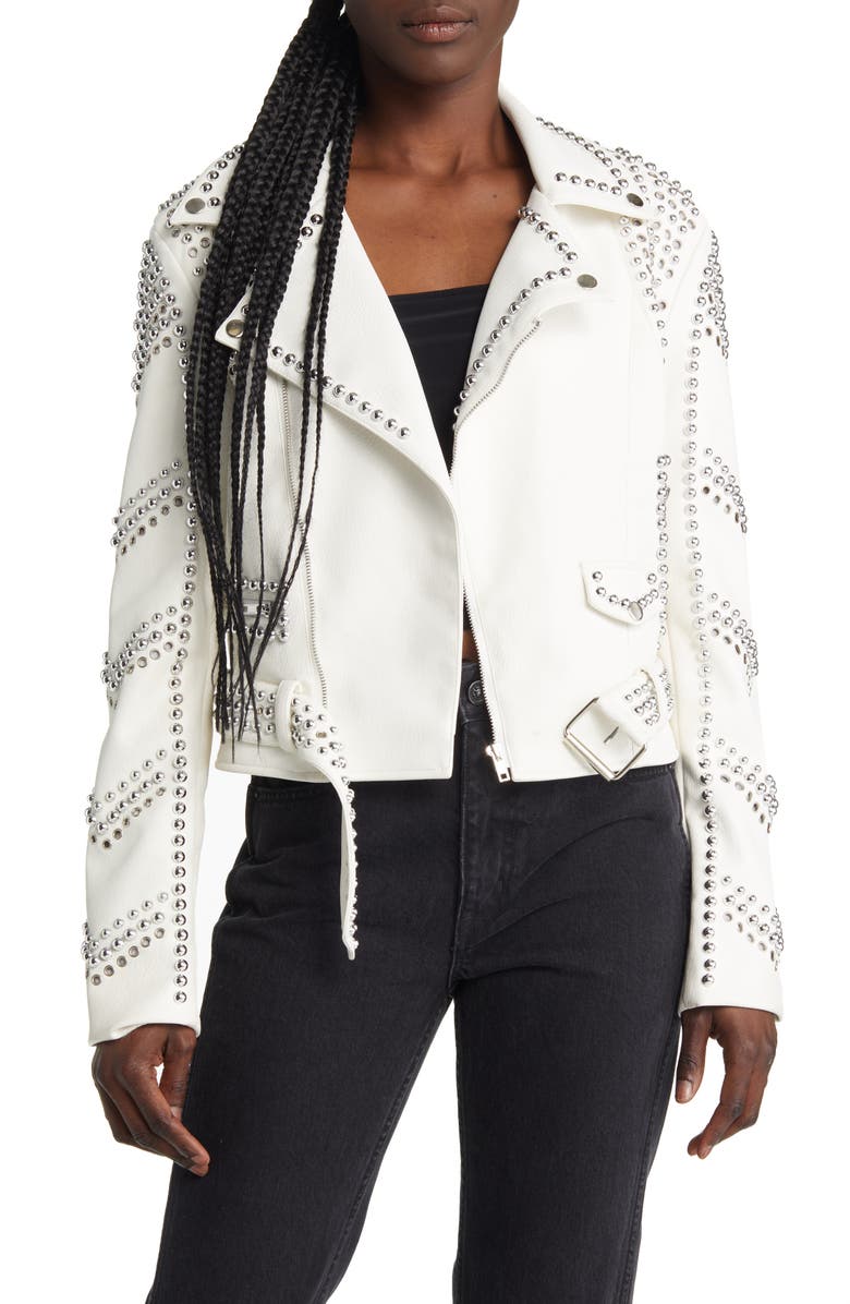 AZALEA WANG Stud Moto Faux Leather Jacket, Main, color,