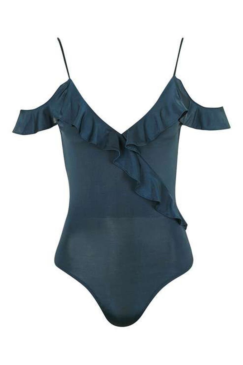 Ruffle Trim Cold Shoulder Bodysuit, Alternate, color, BLUE