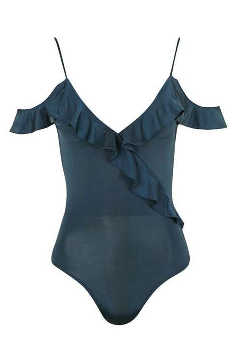 Topshop Ruffle Trim Cold Shoulder Bodysuit, Alternate, color, 
