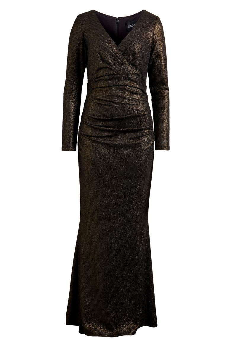 Long Sleeve Metallic Ruched Gown, Alternate, color, BLACK/ GOLD