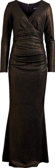 Long Sleeve Metallic Ruched Gown