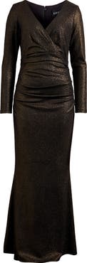 Xscape Evenings Long Sleeve Metallic Ruched Gown