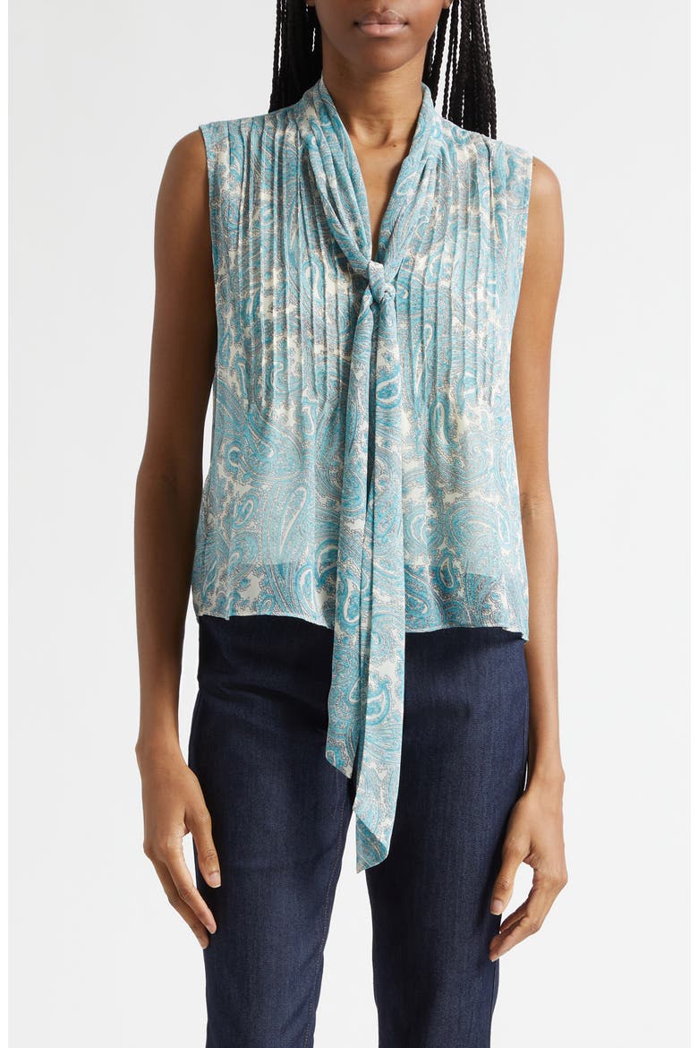 Hendrix Lois Paisley Pleated Tie Neck Top, Main, color, GARDENIA/ BLUE GRAPHITE
