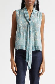 Cinq à Sept Hendrix Lois Paisley Pleated Tie Neck Top