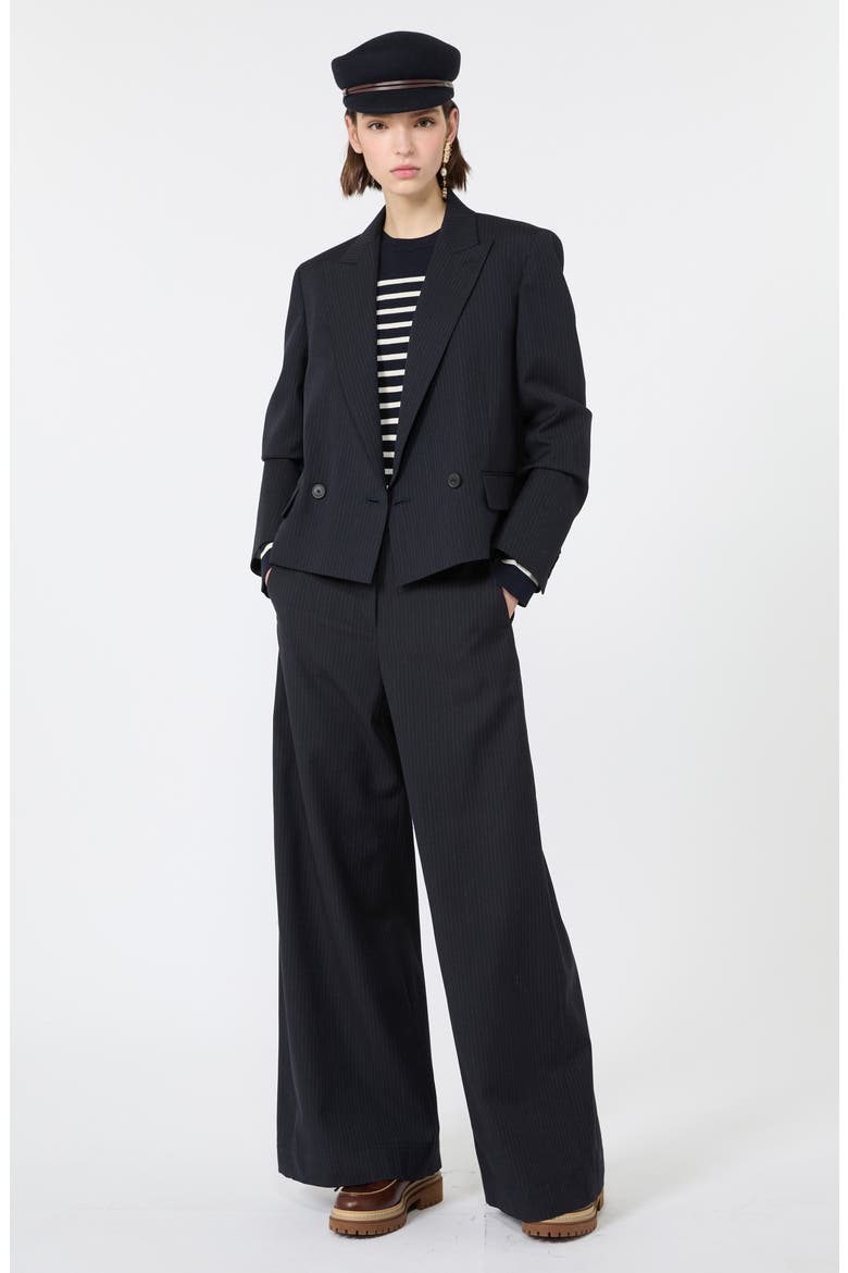 Pinstripe Wool Blend Cropped Blazer, Alternate, color, NAVY