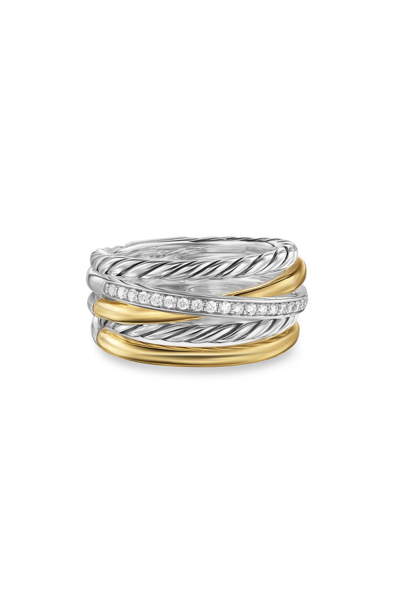 David Yurman Crossover Five-Row Ring in Sterling Silver with 18K Yellow Gold and Diamonds, 11mm, Alternate, color, Sterling Silver/ 18K Gold - 6
