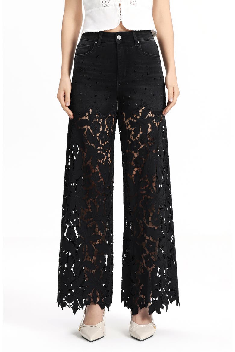 Embellished Eyelet High Waist Wide Leg Jeans, Main, color, INKGAUZE