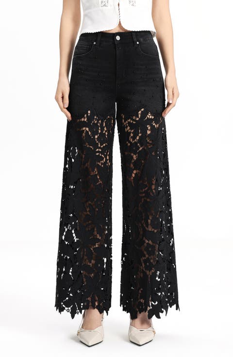 Embellished Eyelet High Waist Wide Leg Jeans