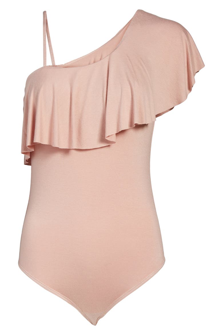Ruffle One-Shoulder Bodysuit, Alternate, color, DUSTY PINK