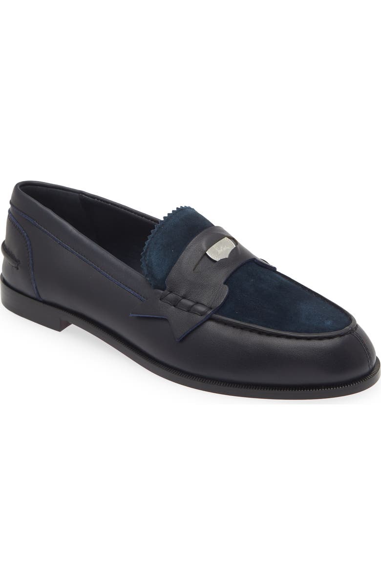 Christian Louboutin Penny Leather & Suede Loafer, Main, color, 5817 Marine/ Bco/ Lin Marine