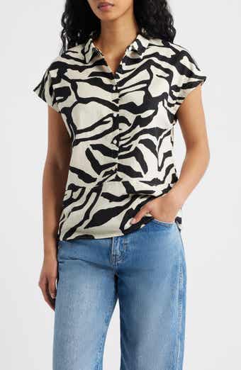ICHI Animal Print Linen Blend Top