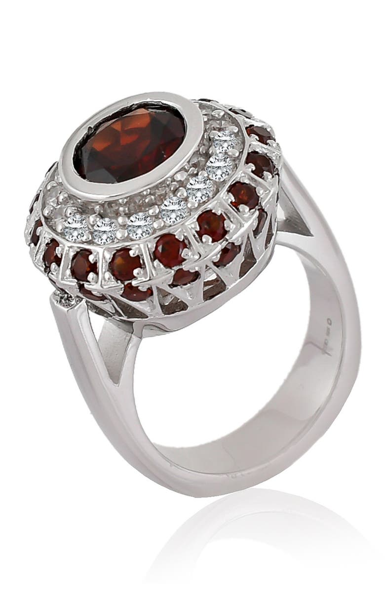 FOREVER CREATIONS USA INC Sterling Silver Red Garnet & Pave CZ Halo Ring, Main, color,