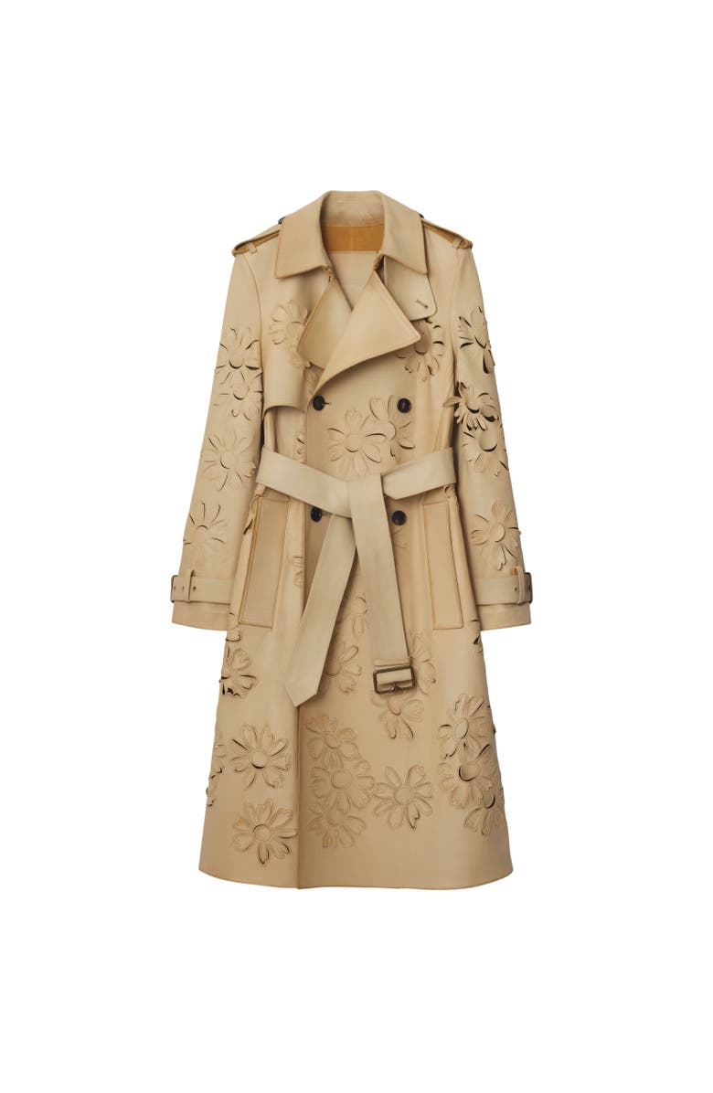 Burberry Long Cutout Daisy Suede Trench Coat, Alternate, color, Tan